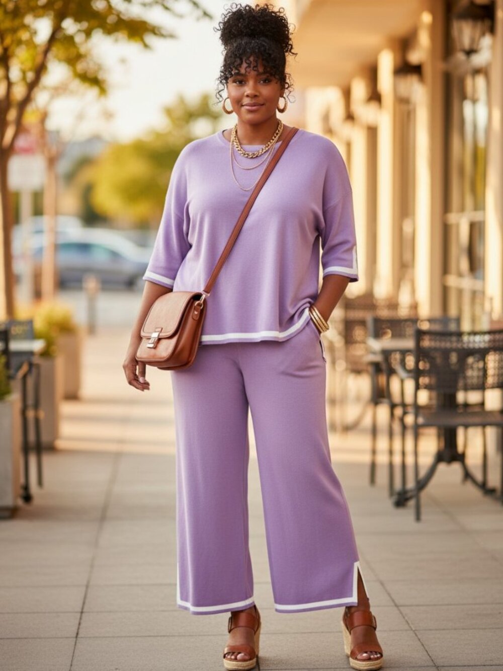 Unbranded Knit Lounge Set Women L Lavender Excellent Wide Leg Contrast Trim
